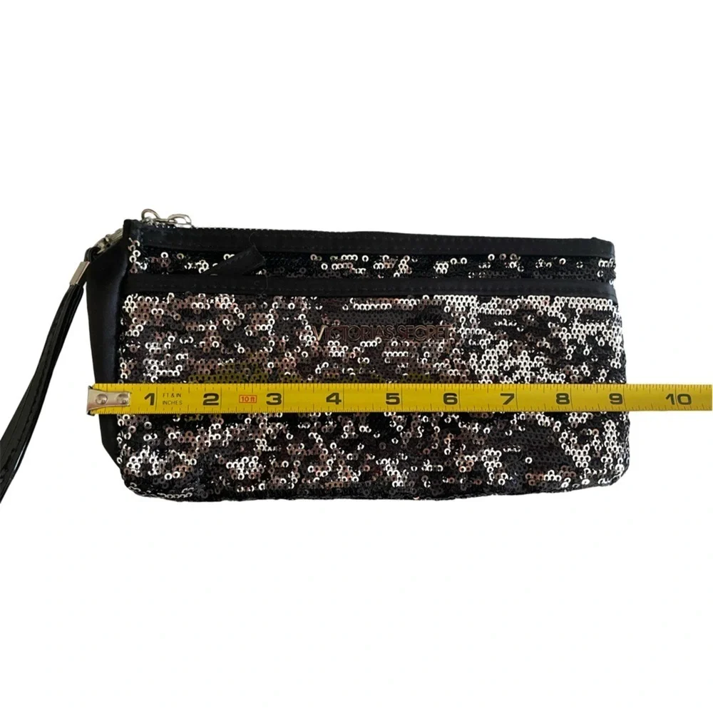 Victoria's Secret Black and Silver Sequin Double Zip Clutch Wristlet